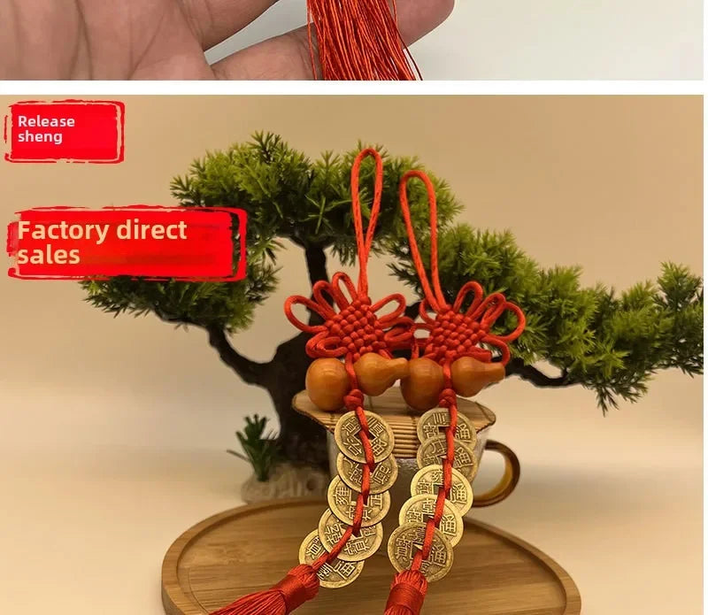 2024 Chinese Knot Tassel Auspicious Knot New Wooden Gourd Pure Copper Five Emperor Money Pendant Home Pendant Car Pendant