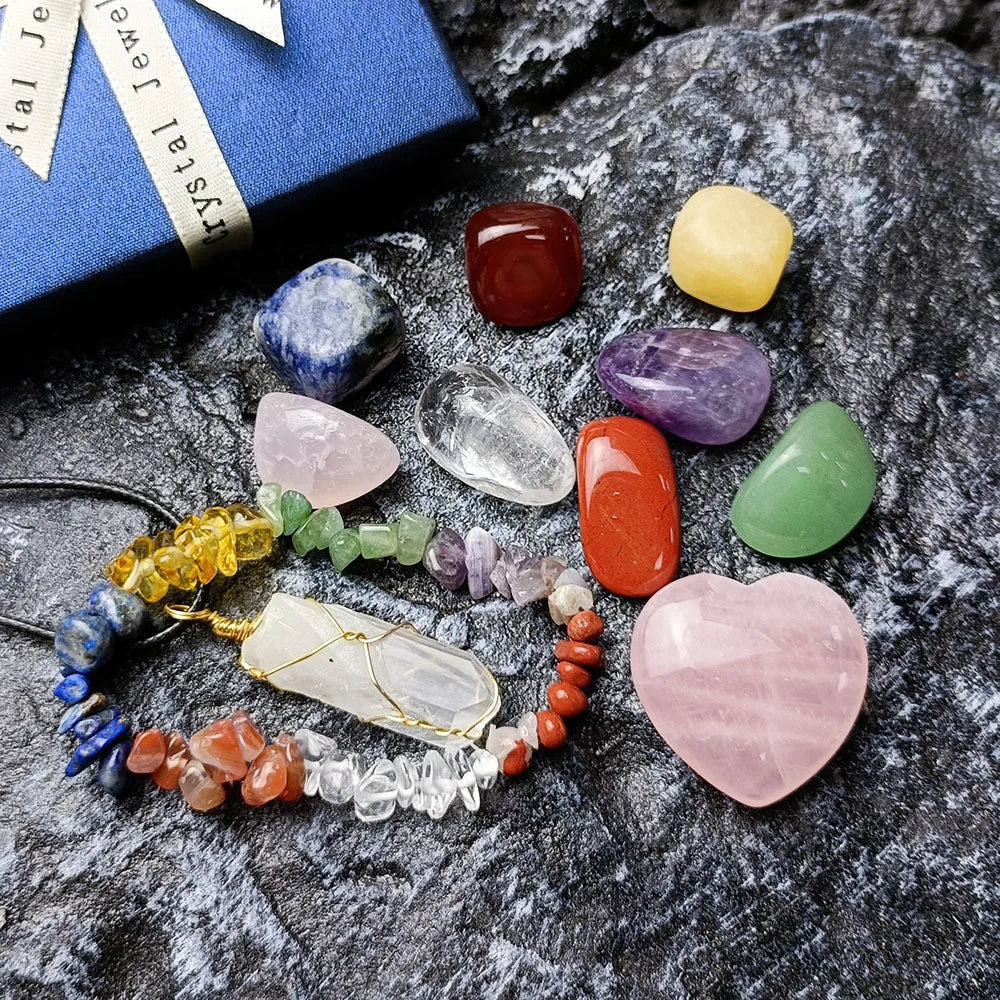 11pcs/Set with Gift Box Natural Healing Crystal Stone Chakras Bracelet Quartz Mineral Ornaments Crafts Hexagon Pendant Necklaces