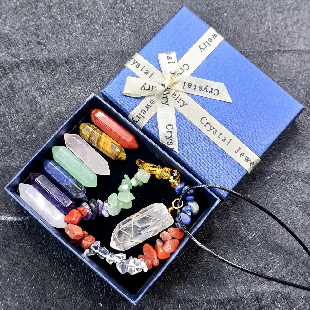 11pcs/Set with Gift Box Natural Healing Crystal Stone Chakras Bracelet Quartz Mineral Ornaments Crafts Hexagon Pendant Necklaces