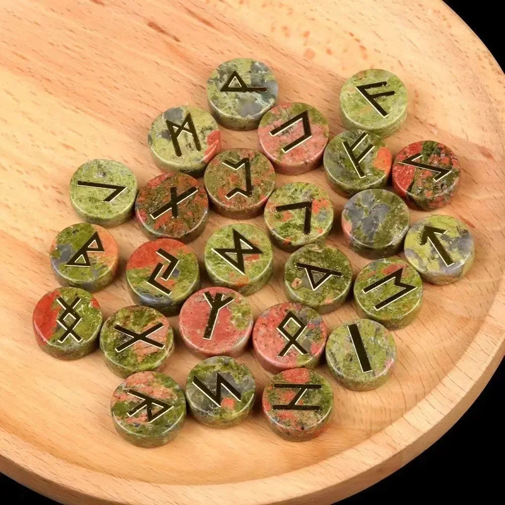 25pcs Natural Crystal Runes Signs Roundel Stone Runic Alphabets Letters Sacred Symbol Healing Gem Energy Amulet Reiki Chakra Set