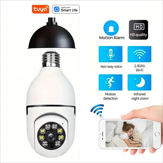 Tuya Smart 2.4G WiFi E27 Light Bulb Security Camera – 360° Surveillance with Two-Way Audio & Motion Detection