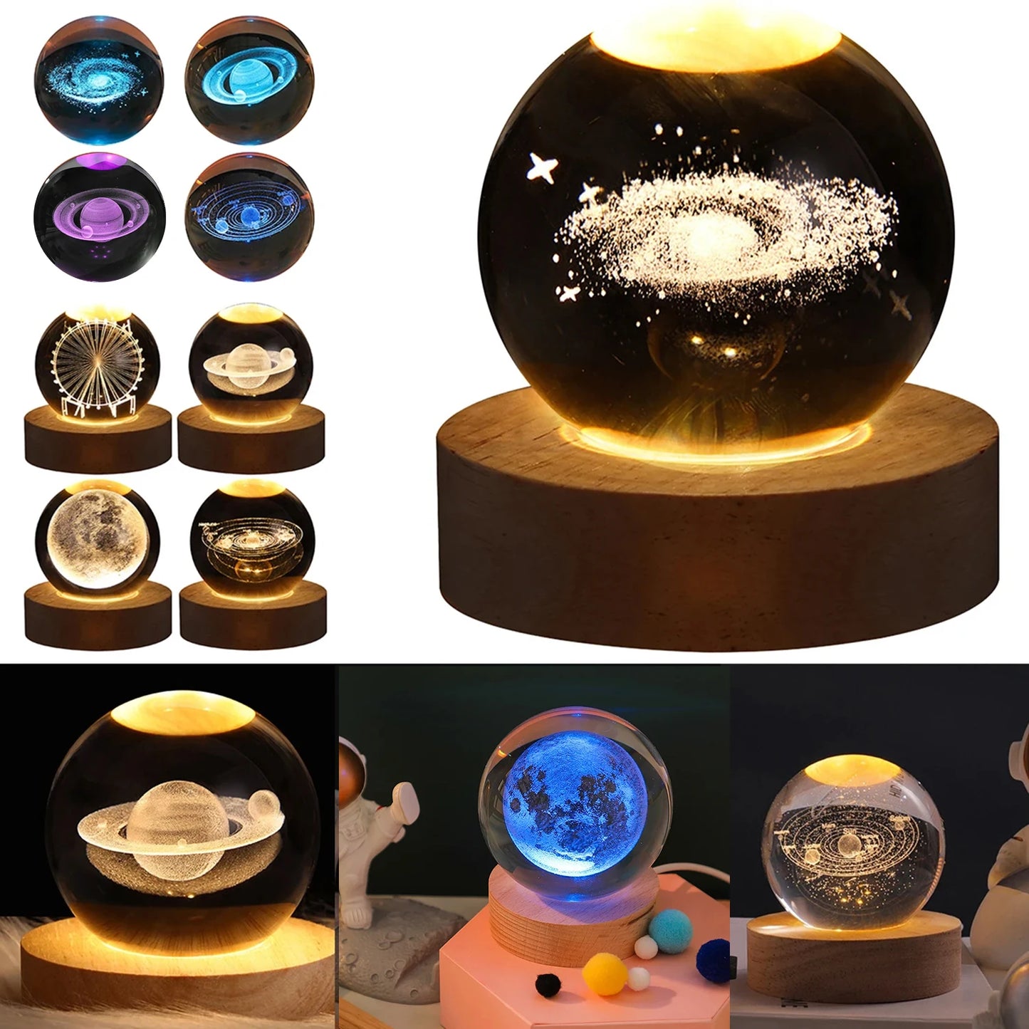 3D Moon Crystal Glass Globe Creative Clear Galaxy Saturn Crystal Sphere Bedside Night Light House Decoration Desk Accessories