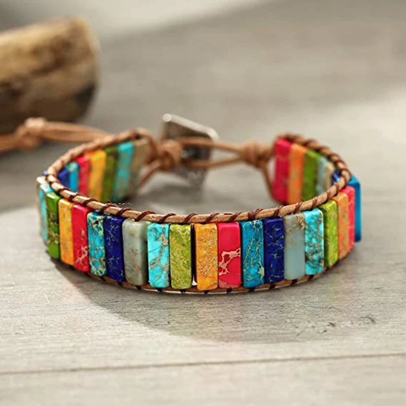 Bohemian Multicolor Emperor Stone Bracelet 7 Chakra Healing Rectangular Stones Bracelet Leather Rope Woven Bangle Wrist Jewelry