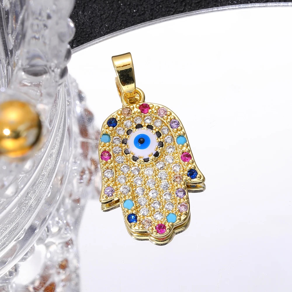 Juya Handmade 18K Real Gold Plated Hamsa Fatima Hand Greek Evil Eye Charms For DIY Trendy Enamel Pendant Talisman Jewelry Making