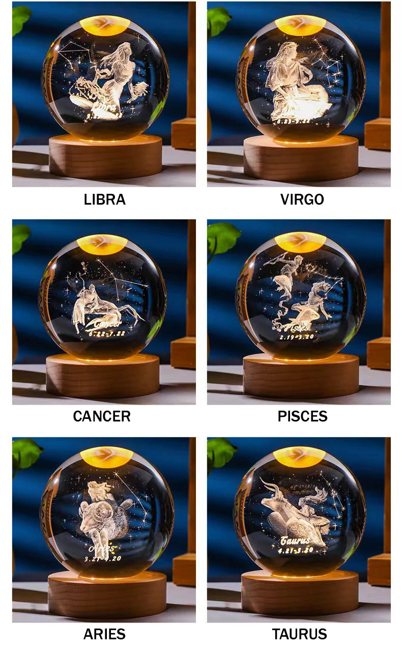 12 Constellation 3DGlass Craft Decoration Crystal Ball Laser Engraved Birthday  Solar System Gift Wooden Base Home Desktop Decor