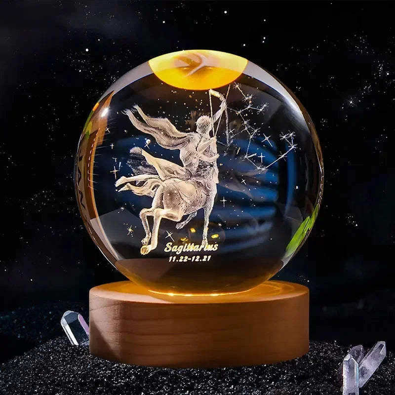 12 Constellation 3DGlass Craft Decoration Crystal Ball Laser Engraved Birthday  Solar System Gift Wooden Base Home Desktop Decor