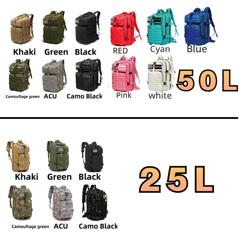 25L/50L 1000D Nylon Waterproof Trekking Fishing Hunting Bag Backpack Outdoor Rucksacks Tactical Sports Camping Hiking