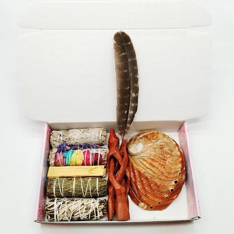 Home Cleansing & Smudging Kit with White Sage, Cedar, Rose Sage, Blue Sage, Palo Santo, Abalone & Stand, Smudge Feather Yoga Set