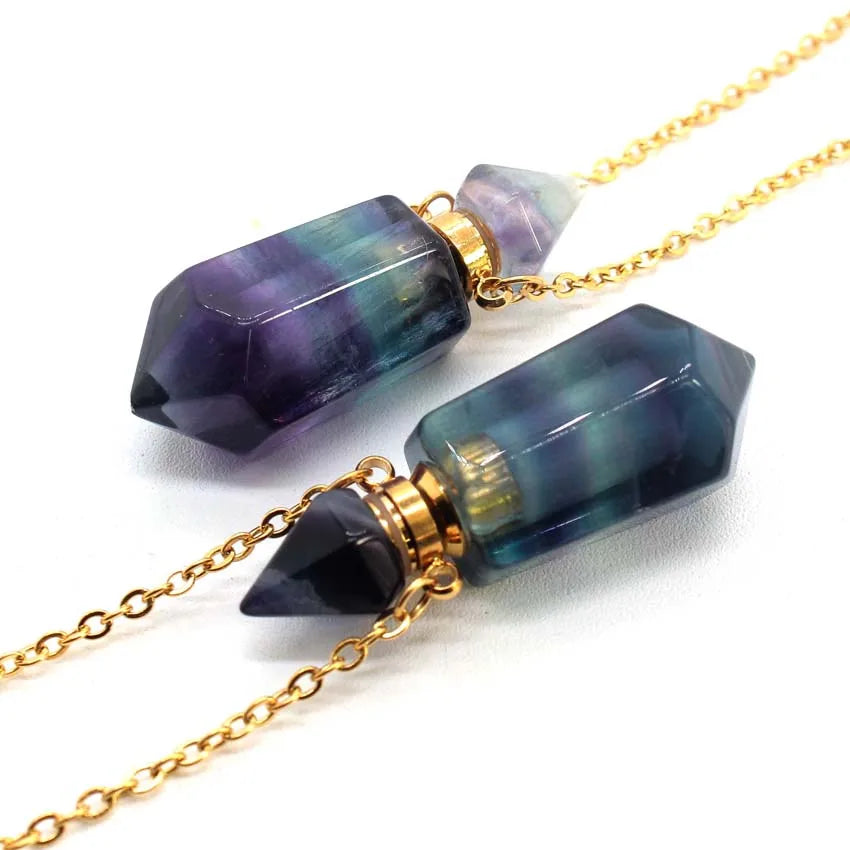 Natural Crystal Stone Perfume Bottle Pendants Necklace Fluorite Rose Pink Quartz Hexagon Point Essential Oil Diffuser Jewelry