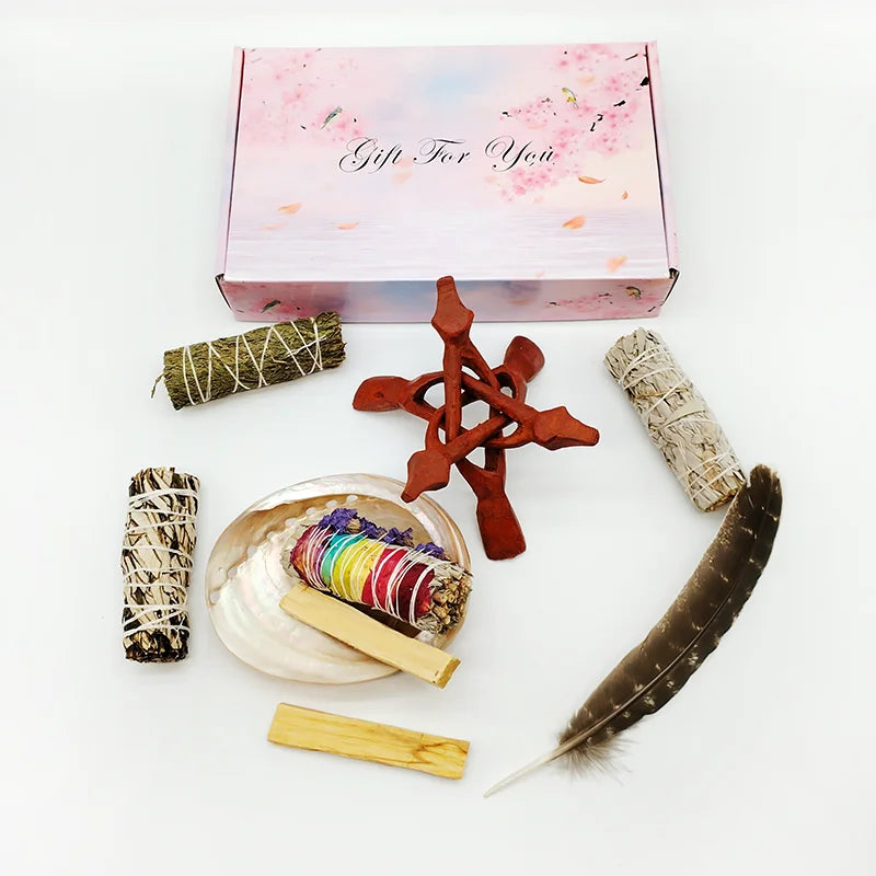 Home Cleansing & Smudging Kit with White Sage, Cedar, Rose Sage, Blue Sage, Palo Santo, Abalone & Stand, Smudge Feather Yoga Set