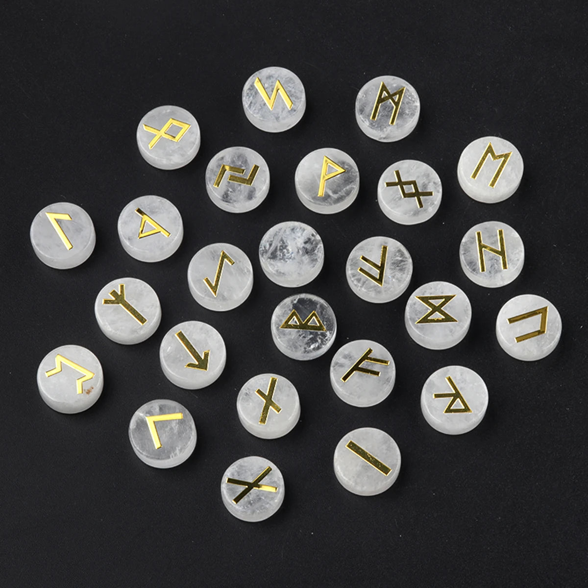 25pcs Natural Crystal Runes Signs Roundel Stone Runic Alphabets Letters Sacred Symbol Healing Gem Energy Amulet Reiki Chakra Set