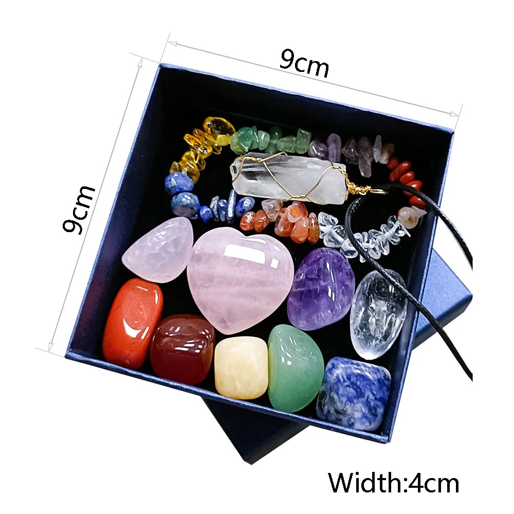 11pcs/Set with Gift Box Natural Healing Crystal Stone Chakras Bracelet Quartz Mineral Ornaments Crafts Hexagon Pendant Necklaces