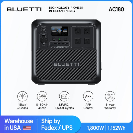 BLUETTI AC180 Portable Power Station – 1152Wh, 1800W Output, 2700W Surge, LiFePO₄, Solar + UPS, Wireless Charging