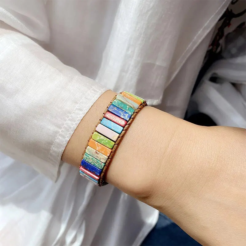 Bohemian Multicolor Emperor Stone Bracelet 7 Chakra Healing Rectangular Stones Bracelet Leather Rope Woven Bangle Wrist Jewelry