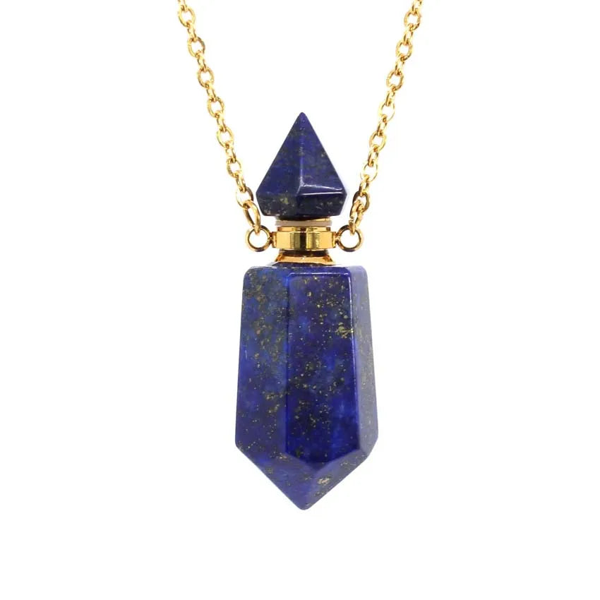 Natural Crystal Stone Perfume Bottle Pendants Necklace Fluorite Rose Pink Quartz Hexagon Point Essential Oil Diffuser Jewelry