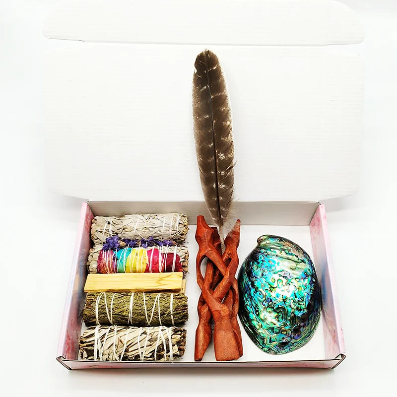 Home Cleansing & Smudging Kit with White Sage, Cedar, Rose Sage, Blue Sage, Palo Santo, Abalone & Stand, Smudge Feather Yoga Set