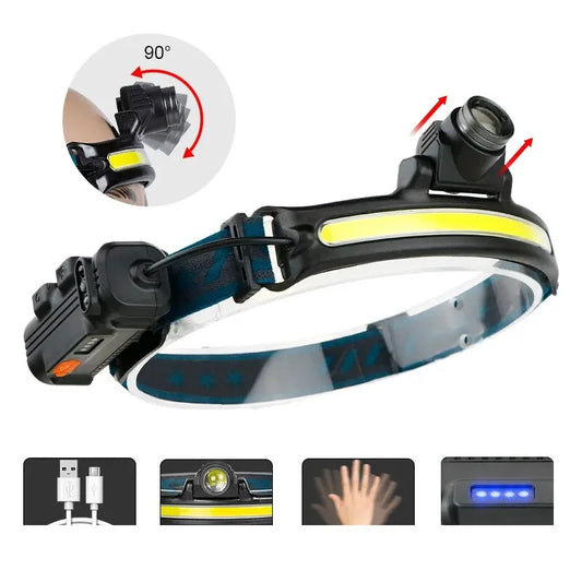 USB Rechargeable Induction Headlamp – 6-Mode COB LED with Zoom & Built-in Battery
