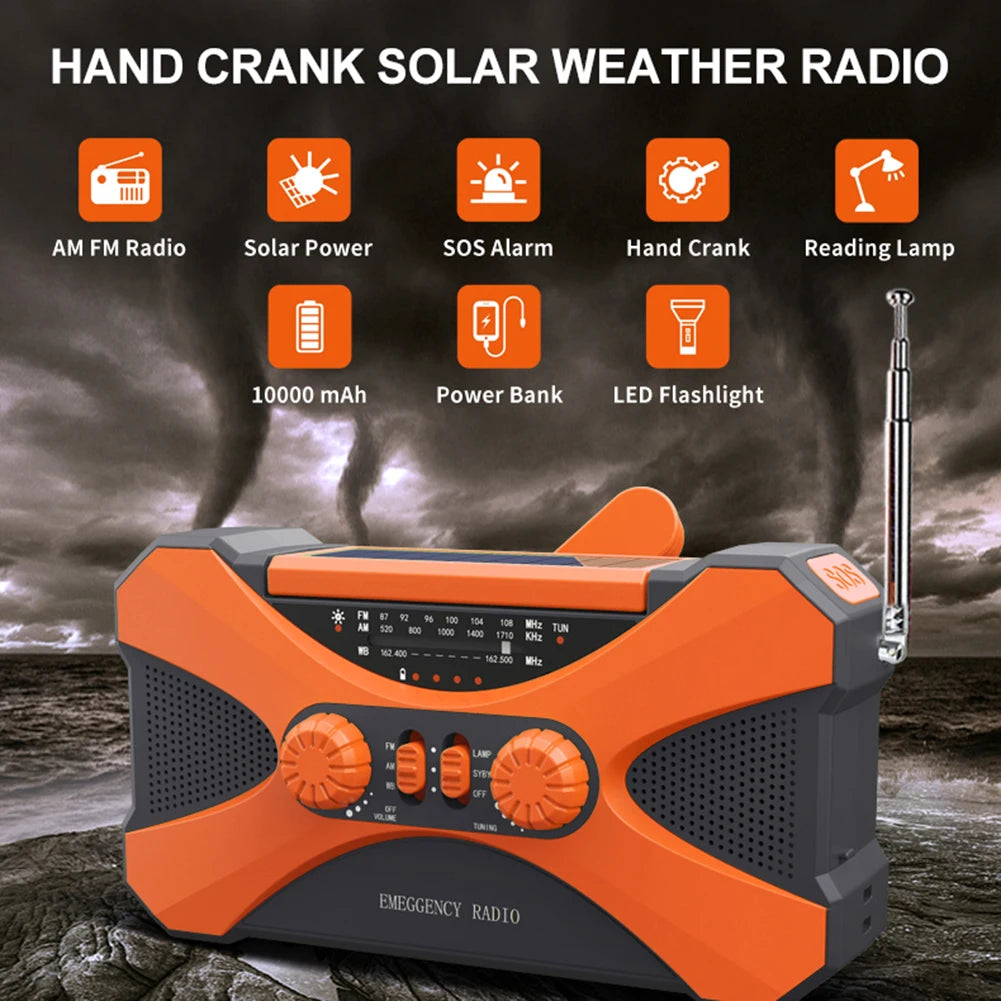 10000mAh Multifunctional Radio Hand Crank Solar USB Charging FM AM WB NOAA Weather Radio Emergency LED Flashlight Torch Power