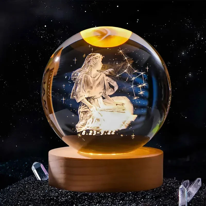 12 Constellation 3DGlass Craft Decoration Crystal Ball Laser Engraved Birthday  Solar System Gift Wooden Base Home Desktop Decor