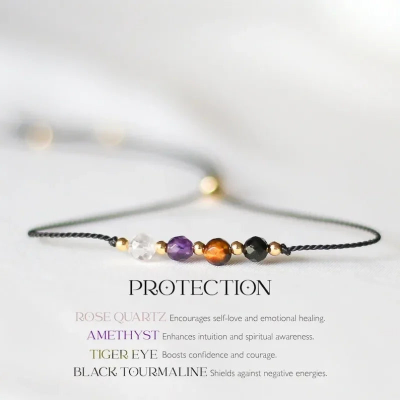 Protection Crystal Bracelet | Empath Protection, Rose Quartz, Amethyst, Black Tourmaline, Adjustable Cord Healing Bracelet